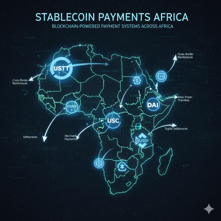 Map of Africa with stablecoin icons and payment arrows — stablecoin payments Africa